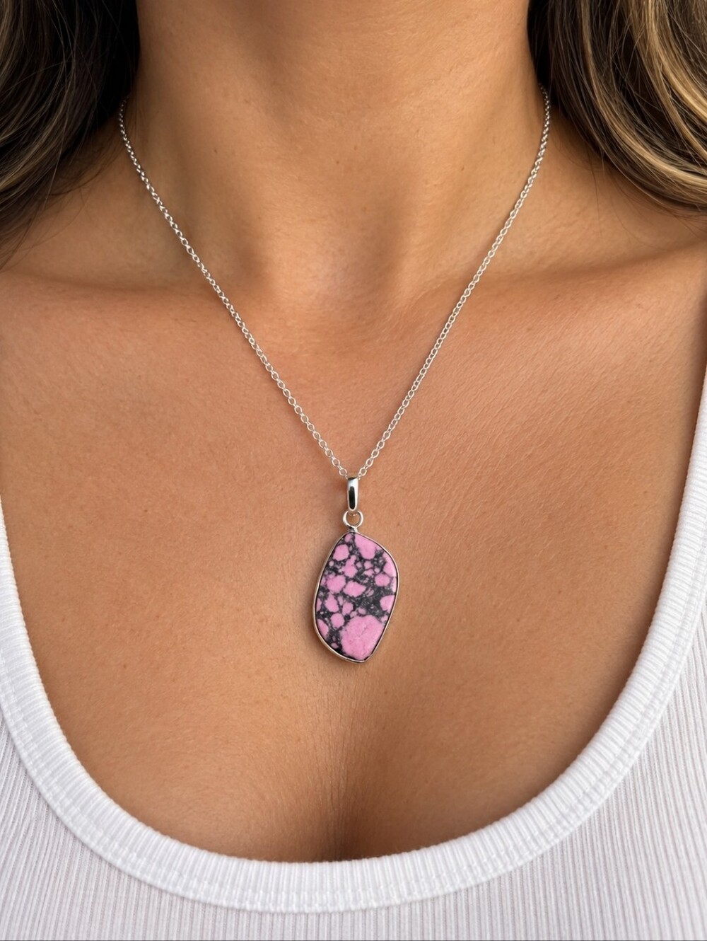 Pink Stone Pendant Necklace - Sterling Silver